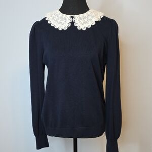 Boden Dark Blue Blouse with Cream Lace Accent